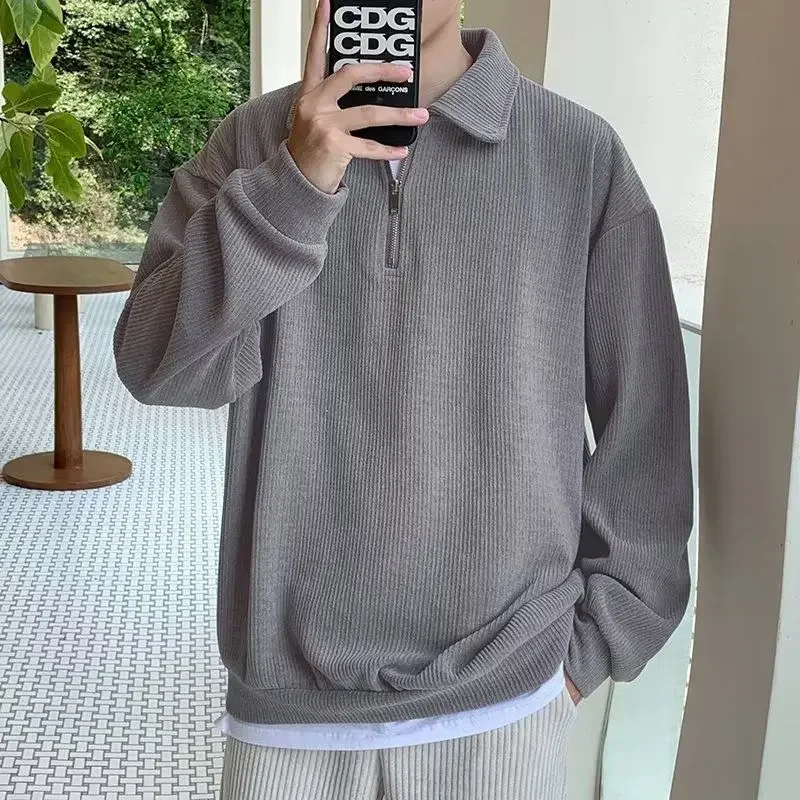 

Solid Color Knitted Sweater Men's Autumn Fashion Half Zip Polo Shirt Korean Style High Quality Pullover Sweatwear Mens Clothes