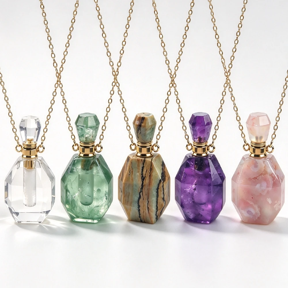 1PC Octagon Natural Rock Aroma Bottle Necklace, Multi Tone Essential Oil Vial Locket Pendant Golden Plated N2C1103