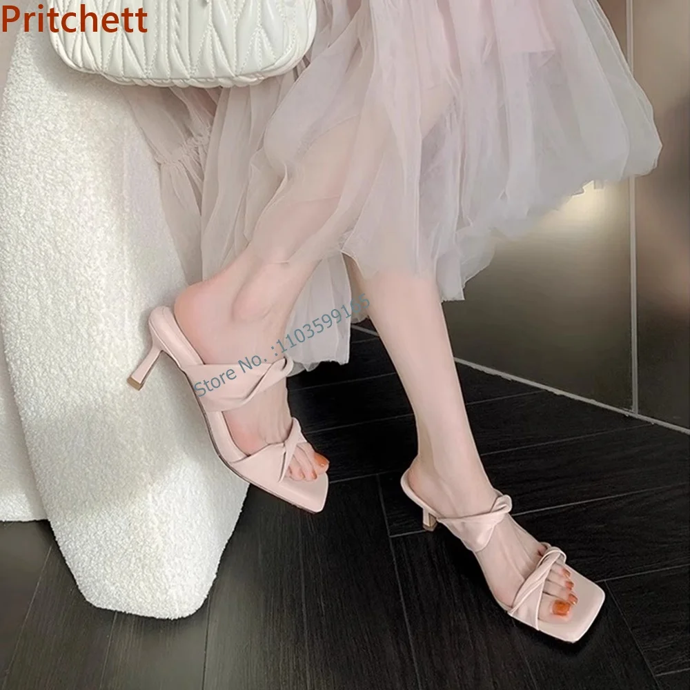 

Pleated Kitten Heels Slippers Square Toe Slingback Slip On Twist Stiletto Shoes Solid Light Color Summer Lovely Dress Shoes