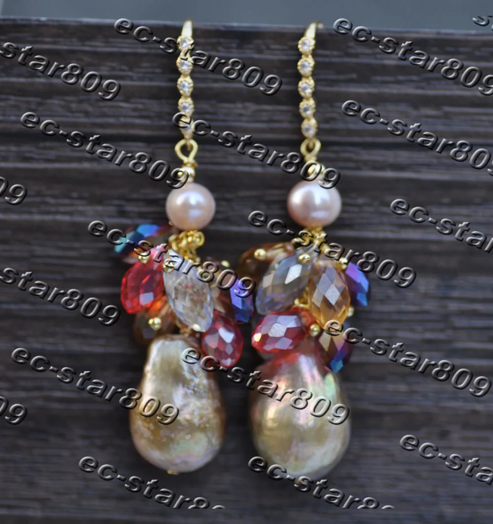 

MTC·STAR 2.5" 20mm Lavender Edison Pearl Blue Green Faceted Crystal Dangle Earring (Z11561 )