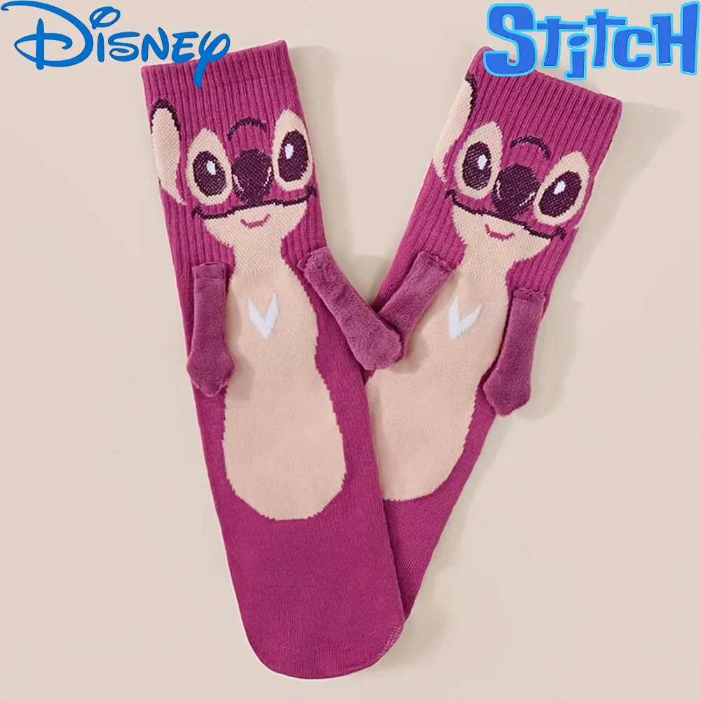 Disney Magnetic Hand-In-Hand Socks - Stitch & Angel Couples Mid-Tube Socks, Funny Home Floor Socks