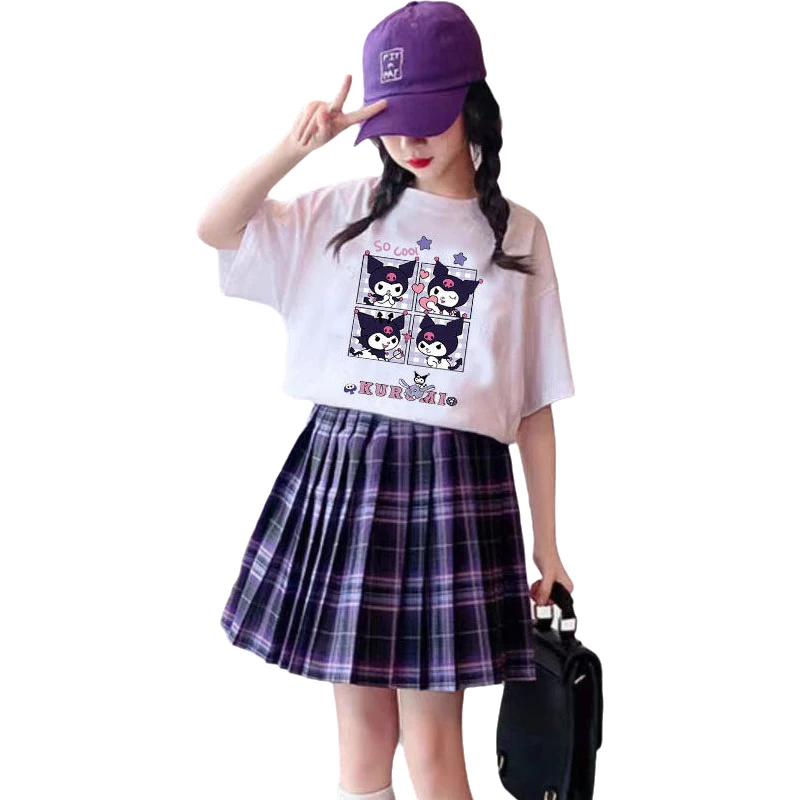 Sanrio Kuromi Kawaii Girls Clothes Sets T-shirt Skirt Suit Summer Clothes Girl Suit Teens Children\'s Clothes Style Pleated Skirt