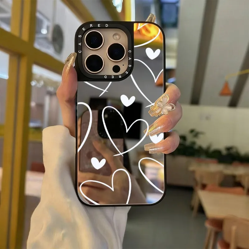 

Hand drawn line heart-shaped multifunctional makeup mirror phone case suitable for iPhone 17 16 15 14 13 12 11 Pro/Max/Plus