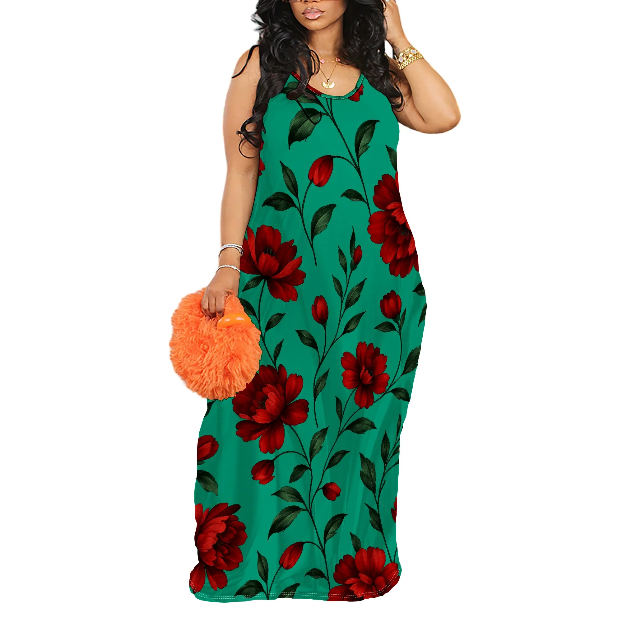 

Women's Bohemian Print Maxi Dress Floral Flowing Maxi Dress Spaghetti Straps Loose Low V Neck Long Maxi Dress