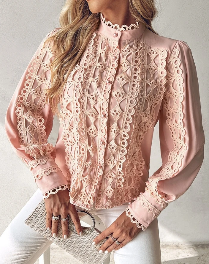 

Women's Blouses Contrast Lace Stand Collar Button Lantern Sleevetop 2024 Spring Latest Long Sleeves Hollow Out Fit Daily T-Shirt