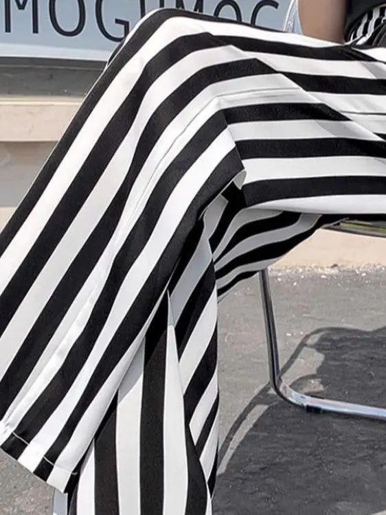 特大サイズ レディース カジュアル ハイウエスト ルーズ アイスシルク ワイドレッグパンツ ストライプ柄 夏 着痩せ 快適 ストレートカット トロ...