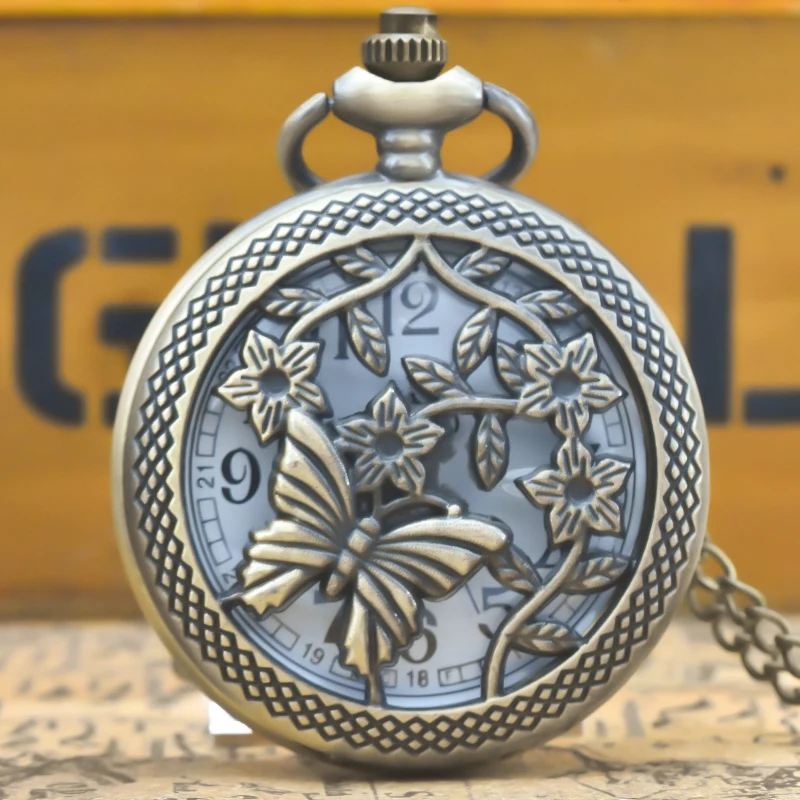 Vintage Bronze Steampunk Butterfly Cutout Engraving Quartz Pocket Watch Necklace Pendant Clock Chain Men Women Chain Gift