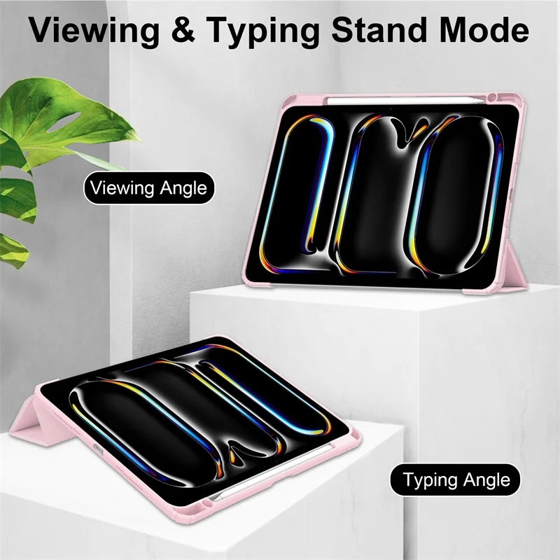 حافظة لجهاز iPad Pro 2024 ثلاثية الطي من جلد البولي يوريثان غطاء خلفي صلب ذكي لجهاز iPad Pro 13 11 بوصة 2024 M4 مع حامل قلم رصاص