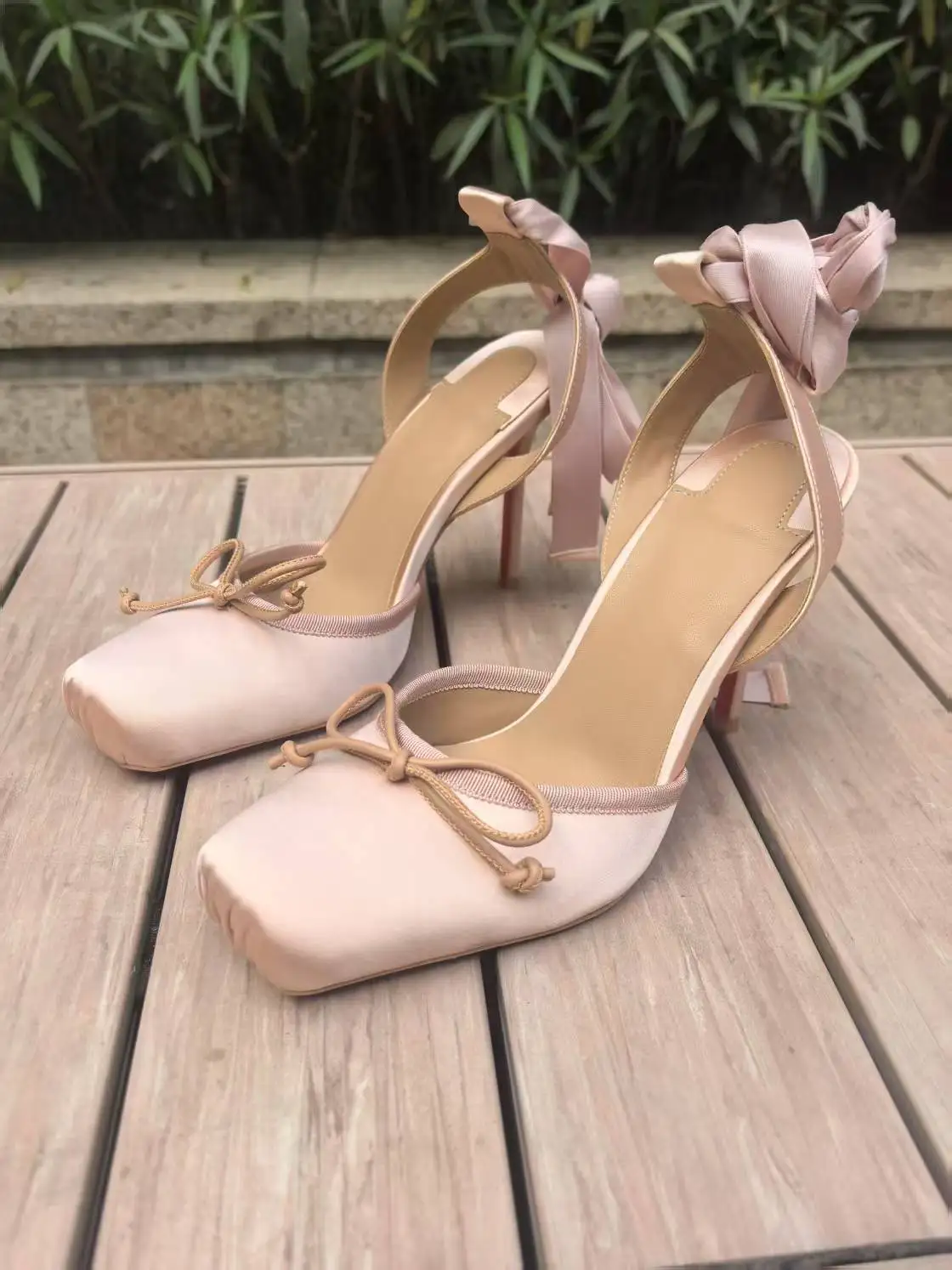 Cassia Lace Up Women Pump Square toe Ballet Sandals High Heels Blush Crepe Satin Wedding Shoes Strap Sandalias Zapatos De Mujer