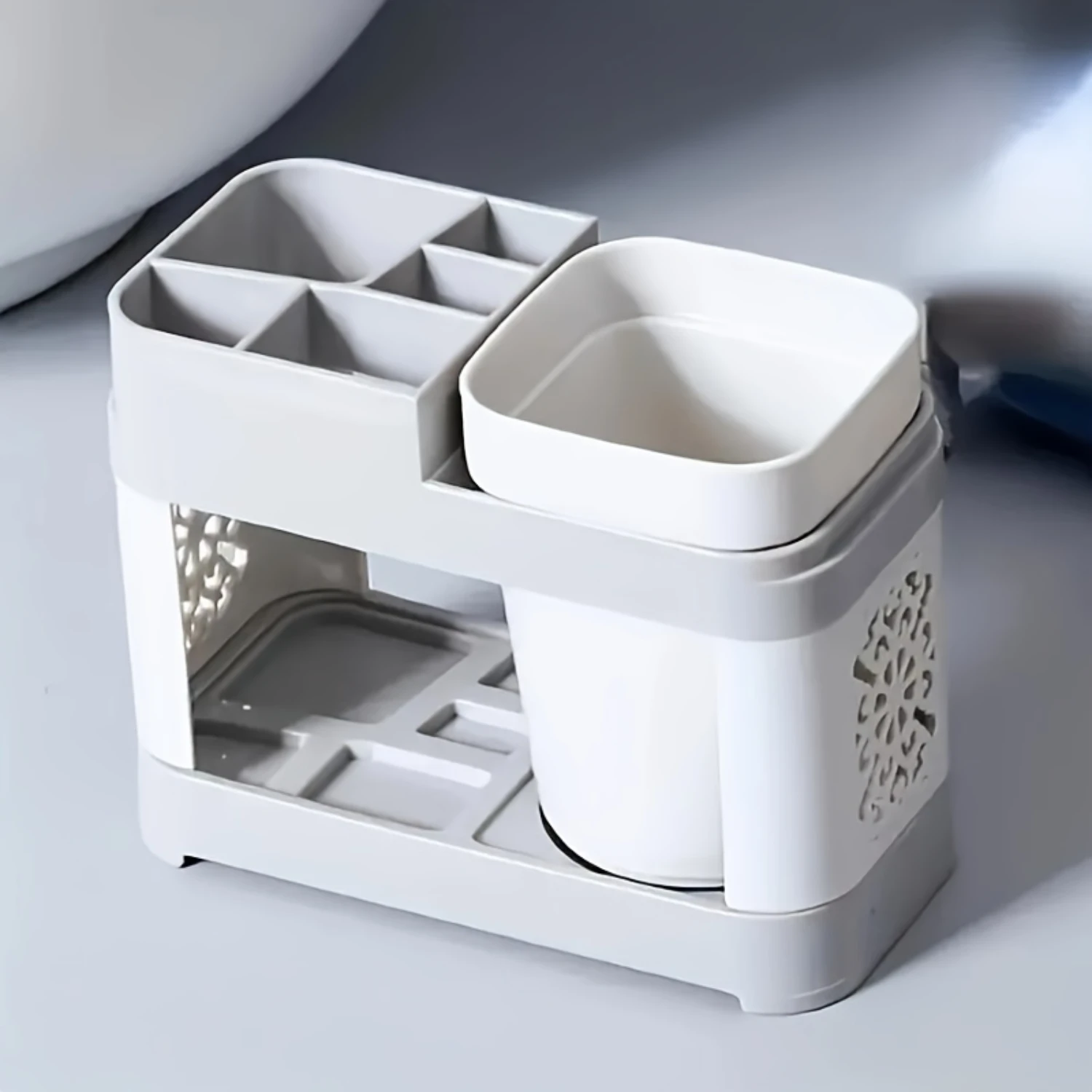 욕실 린스 컵, 부드럽고 위생적인 배수 시스템, 깨끗하고 우아한 공간 절약형 칫솔 및 치약 정리함 1개