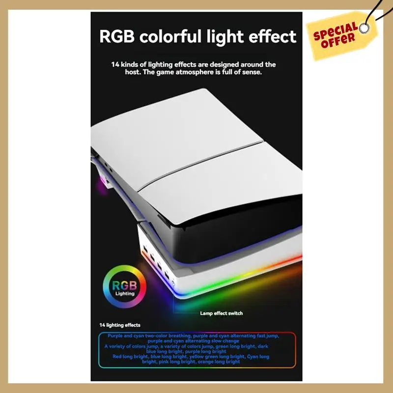 أداء مستقر - لحامل PS5 Slim/Pro مع أوضاع إضاءة و4 محاور USB لتخزين وعرض معزز باللون الأبيض