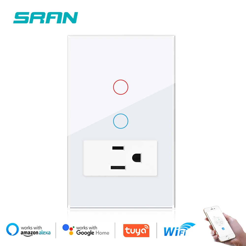 

SRAN Tuya wifi smart switch 1/2 gang Touch Switch with not wifi US sockets, Tempered Glass Panel, smart life Google Home Alexa