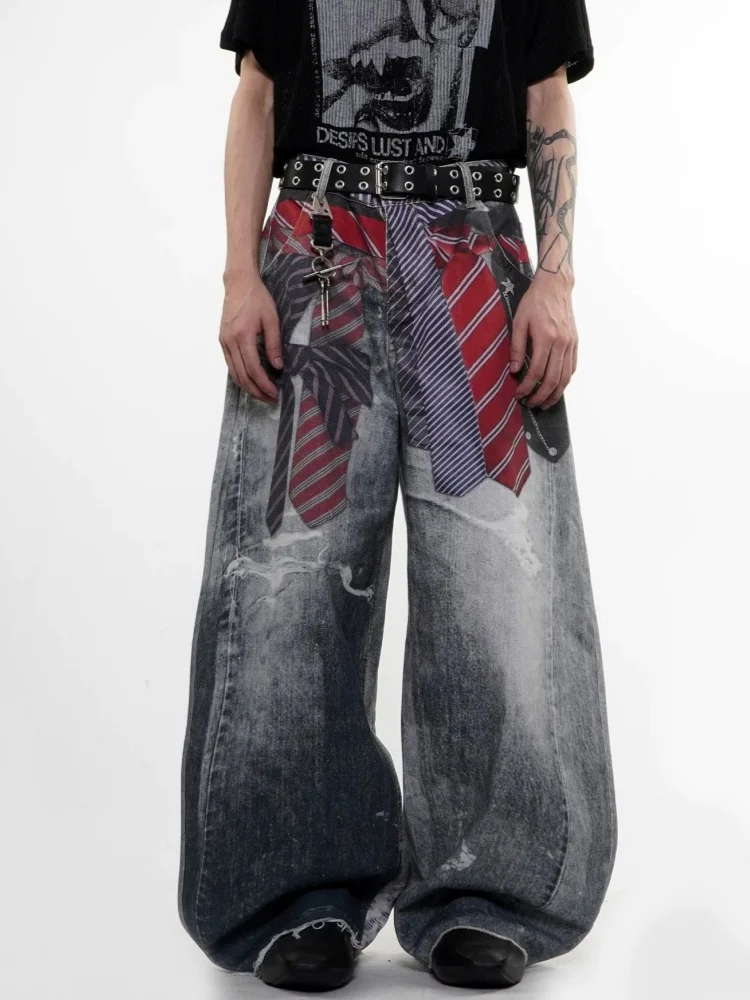 2026 American Retro Y2K Style 3D Printed Tie Design Washed Blue Baggy Jeans Pants For Men Clothing Wide Leg Loose Denim Trousers