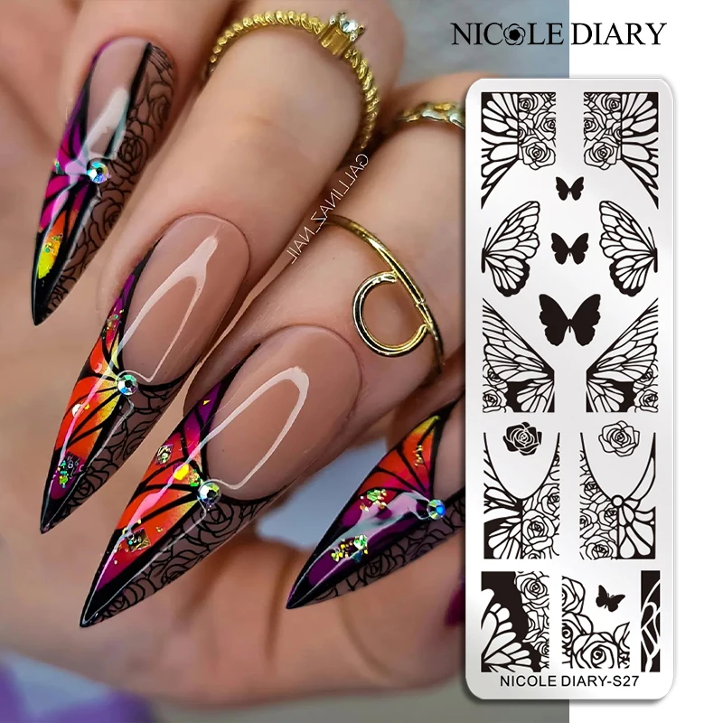 NICOLE DIARY Butterfly Nail Art Stamping Plates Rose Flower Floral Line Printing Stencil Nail Stamp Template Nail Printing Tool