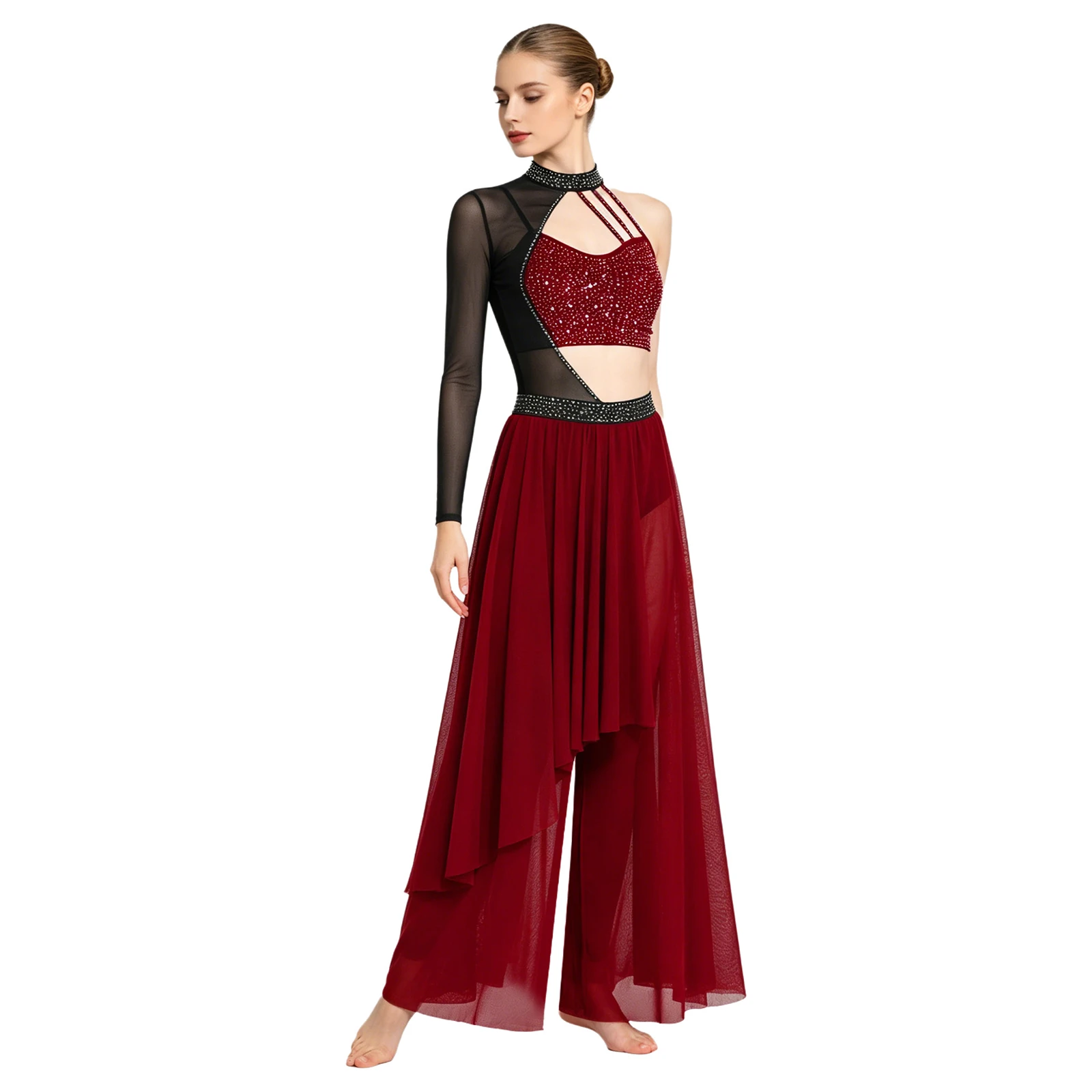 Women Lyrical Dance Jumpsuit Shiny Rhinestones Cutout Bodice Mesh Wide Leg Bodysuit Skating Ballet Acrobatics Modern Dancewear