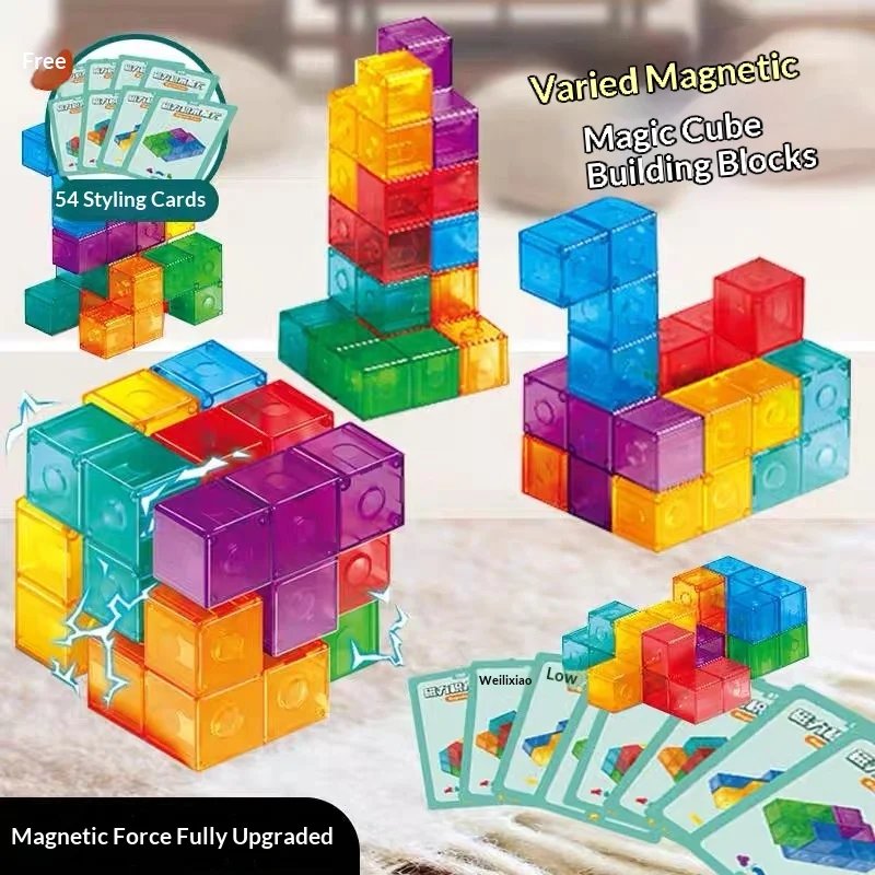 Blocs de construction de cubes magnétiques, bricolage, carrelage magnétique 3D, ensemble de 7 pièces, Puzzle Cube de vitesse, 54 pièces, cartes de guidage, jouets d'intelligence pour enfants
