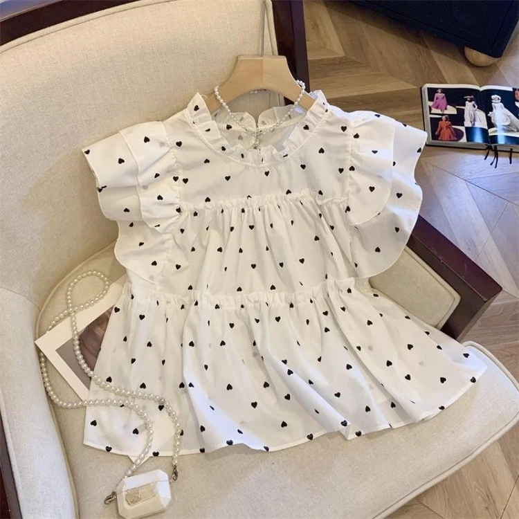 

Рубашки с милым волнистым принтом, женские лоскутные блузки с летящими рукавами и грибком, новинка лета 2025, свободные универсальные Blusas De Mujer