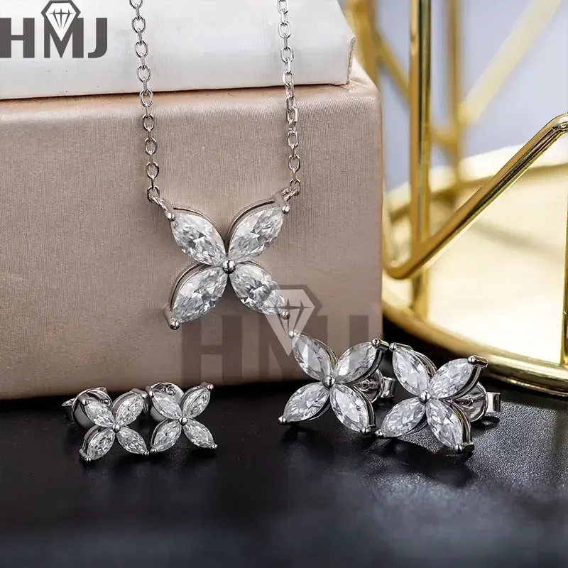 

Real Marquise Moissant D Color Earrings Necklace 100% 925 Sterling Silver Plated 18K Gold Engagement Wedding Party Fine Jewelry