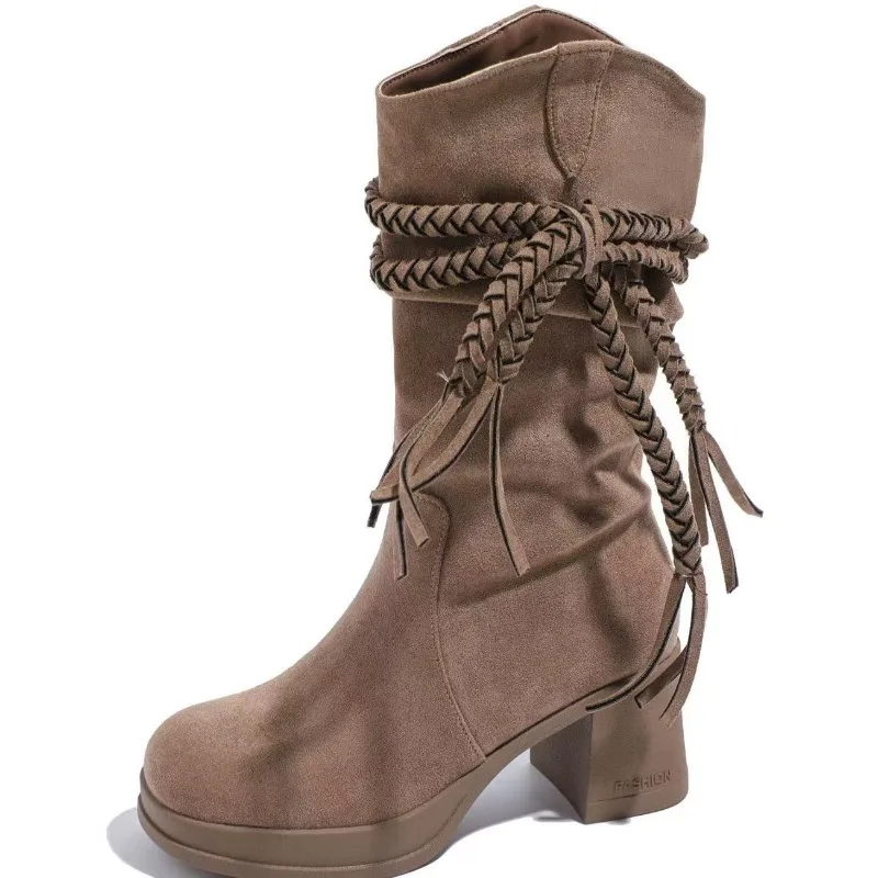 

Retro Tassel Riding Boots for Women in The Winter of2025new Fashionable Midsole Pointed Toe Thick Heel Short Boots Stacked Boots