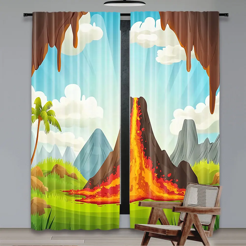 2Pcs Volcano Curtain Prehistoric Landscape With Volcanoes And Green Grass Cloudy Sky Suitable For Bedroom Bathroom Living Room