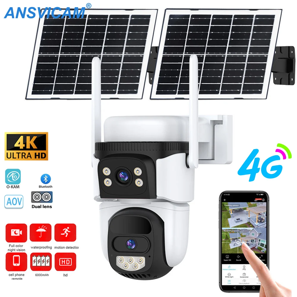Cámara de Seguridad O-Kam Pro 4G Solar de Doble Lente, 8MP 4K, PTZ para Exteriores, Batería de 10400mAh, Modo AOV, Visión Nocturna PIR, CCTV