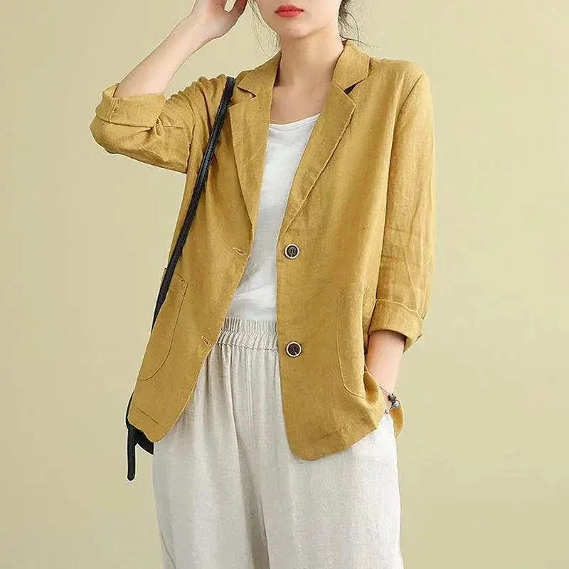 2023 Women Cotton Linen Blazers Oversized Loose Notched Button Up Thin Blazer Coat Solid Color Long Sleeve Casual Office Jackets