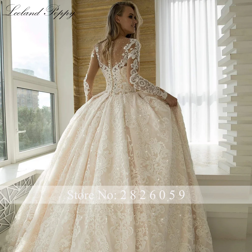 Lceland Poppy Customized Scoop Neck Ball Gown Pearls Beaded Wedding Dresses Full Sleeves Bridal Gowns with Chapel Train