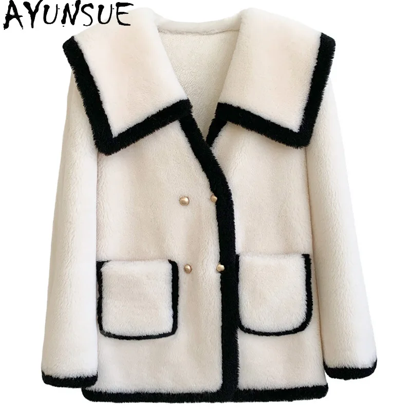

AYUNSUE Зерновые пальто для стрижки овец, пальто из 100% шерсти, женская зимняя одежда 2025, новая верхняя одежда, женские меховые пальто Пальто Женское