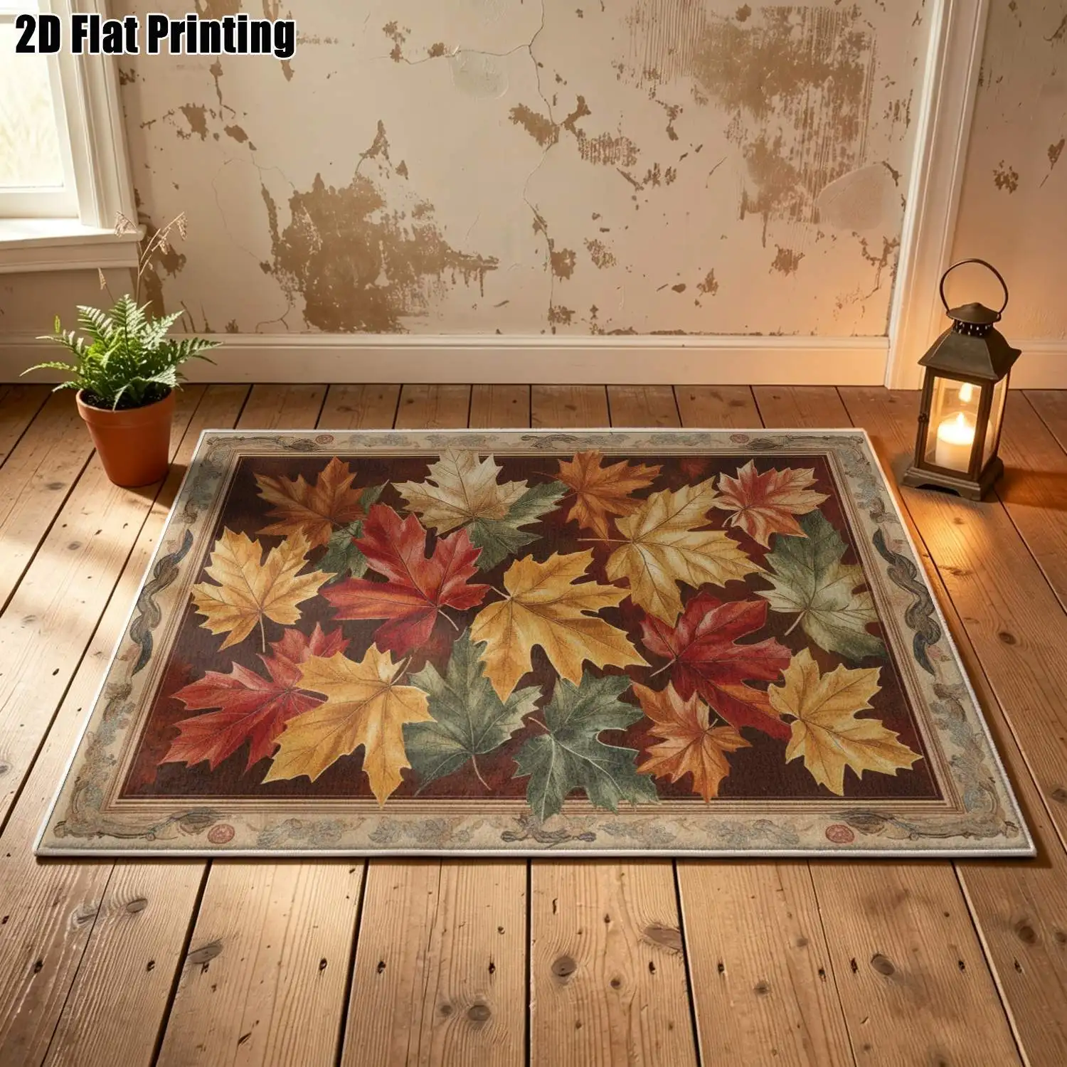 1Pc 2D Printed Retro Colorful Maple Leaf Velvet Carpet, European Modern Minimalist Instagram Style Home Decor Floor Mat, Machine Washable, Multi-Size, Multi-Scene Use