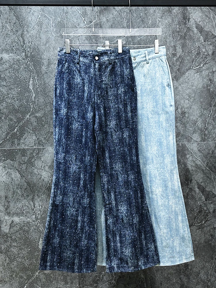 

Retro Waed American Sle Men's Jeans Rhinestone Design High-End Feeling Small Cro Micro Flared Pants Casual Loose Fit