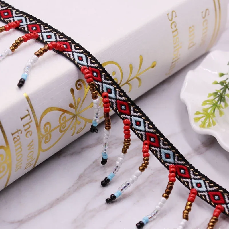 1 Yard Perlenfransen Ethnische Seidenquasten Spitzenbesatz für Vorhänge, Stickbänder, Quasten für Schmuck, DIY-Kleider, Nähen, Kleidung, Bänder – Detail 5