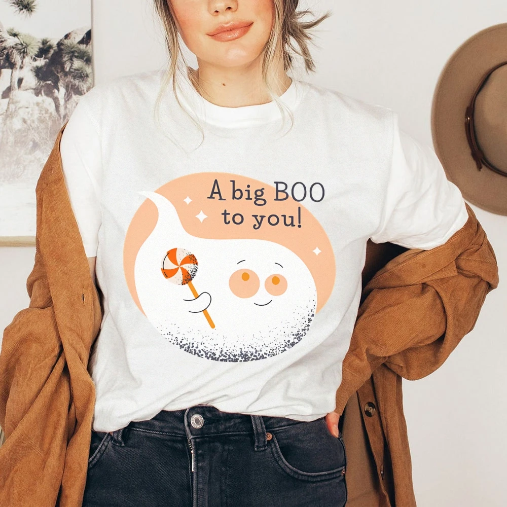 Y2K 코튼 캐주얼 여성 티셔츠 반팔 라운드 넥 장착 컬러 풀 한 귀여운 만화 할로윈 유령 A Big BOO To You