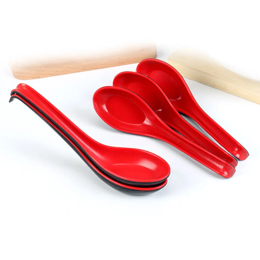 Cucharas de sopa de plástico con mango largo, color negro y rojo, irrompibles, cucharas de sopa asiáticas, chinas y japonesas para restaurante, hogar, Pho, Ramen, 6 uds.