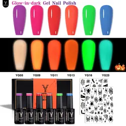 YOKEFELLOW Glow in the Dark Gel Nail Polish Set Halloween Neon Hot Pink Orange Bright Luminous Gel Polish Fluorescent 6 Colors