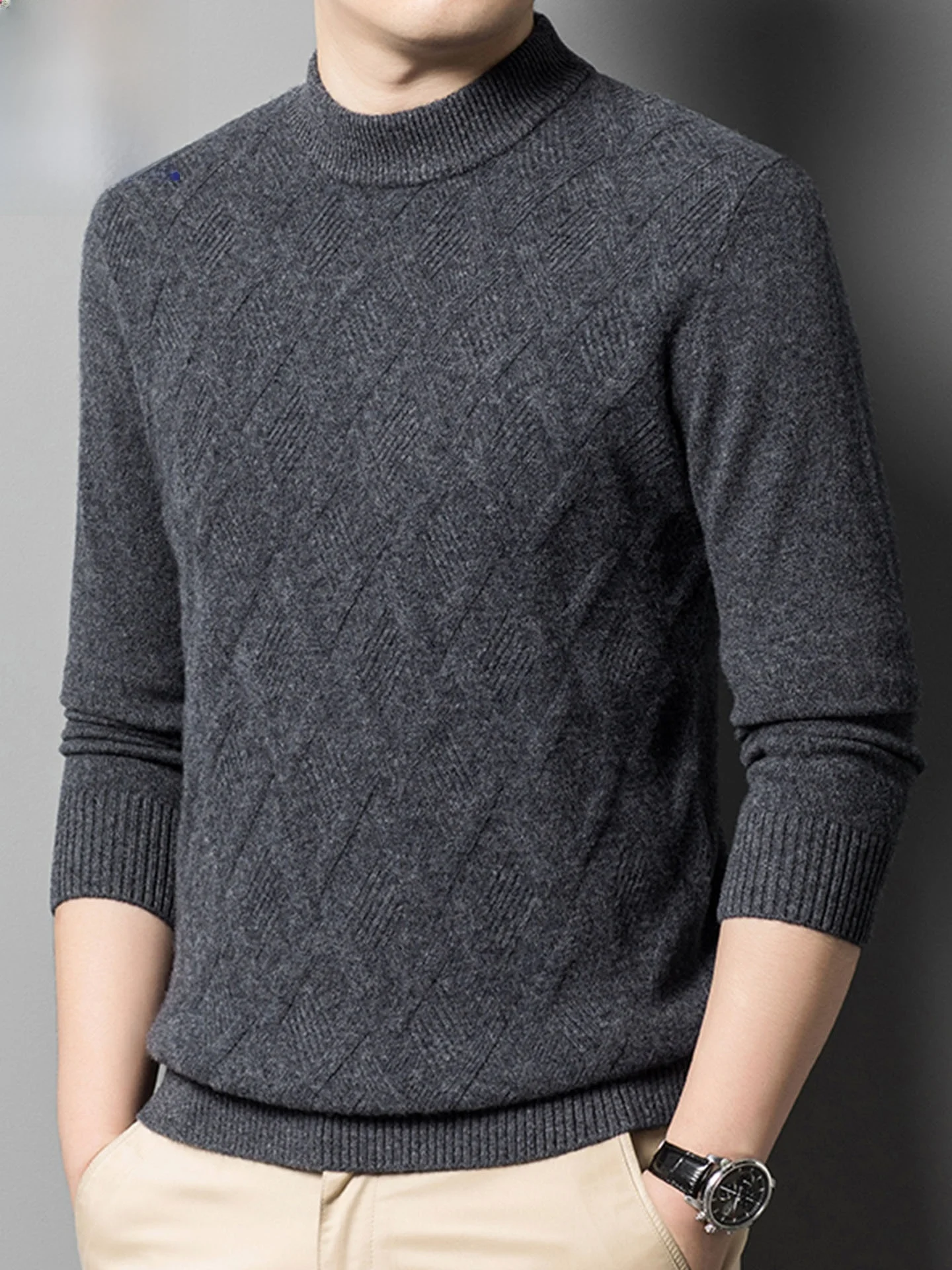 

Утепленный зимний вязаный шерстяной свитер для мужчин, модный, с высоким воротником, трикотажное нижнее белье, базовая футболка