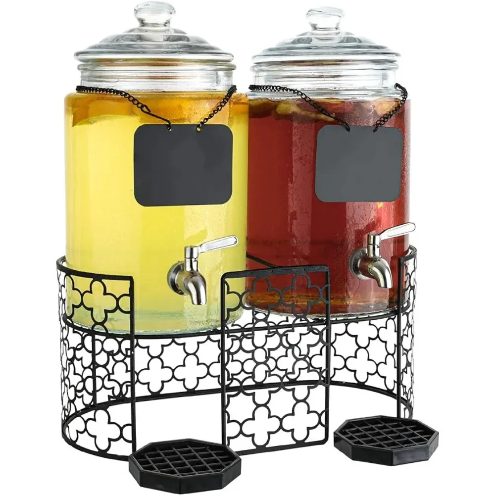 

Soda-fountain Stainless Steel Spigot Dual 1.5 Gallon Glass Beverage Dispensers for Parties With Decorative Metal Stand Barware