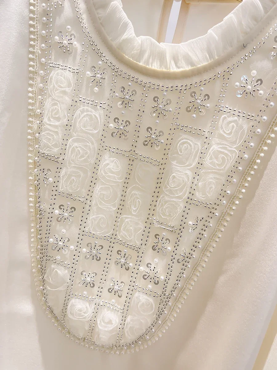 Korean Style Pure Color Stand Collar Ruffled Chiffon Shirt 2023 Autumn New Sequin Bead Lacework Pullover Puff Long Sleeve Blouse