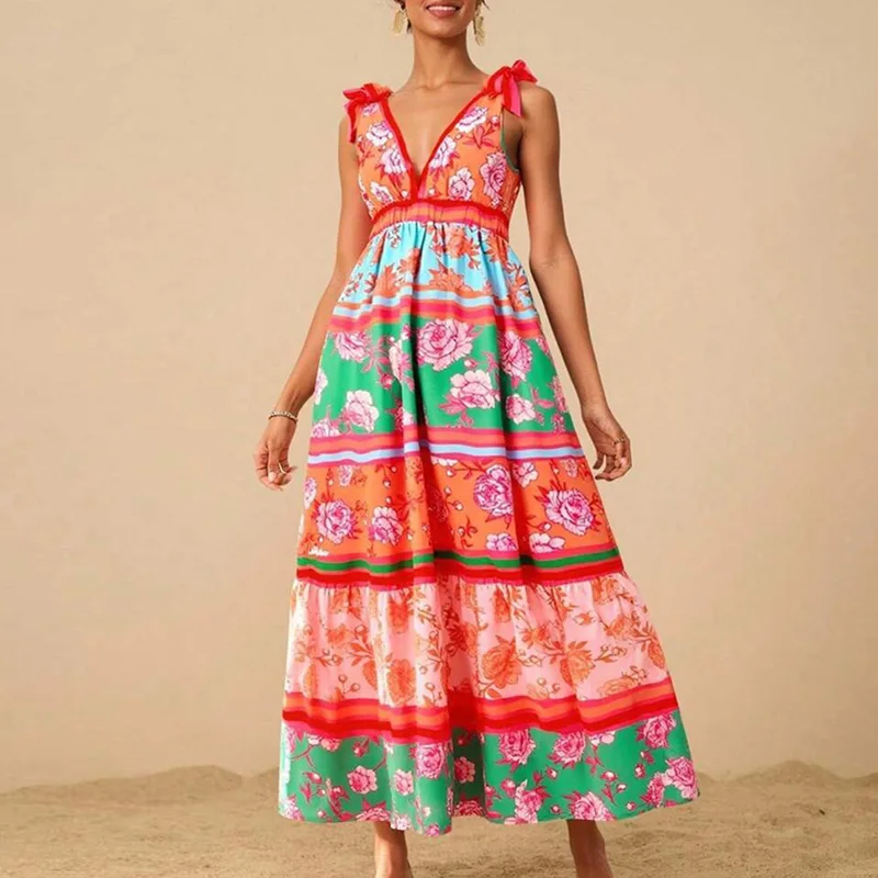 Women Fashion Print Loose Holiday Beach Dress Spring Double V Neck Backless Long Dress Summer Tie-up Sling Boho Maxi Dress Mujer