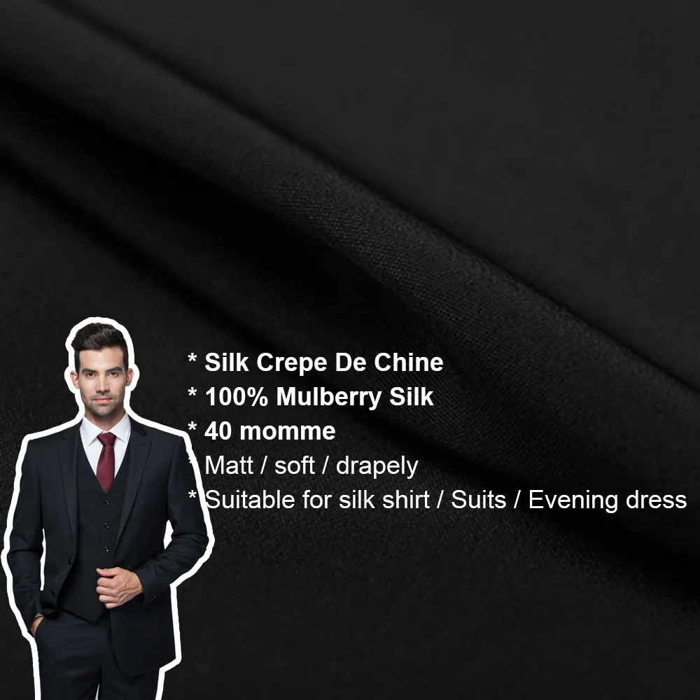 

100% SILK CREPE DE CHINE 140cm width 40momme Natural Silk Fabric Heavy Silk Suit Set Silk Fabric Black NO 03