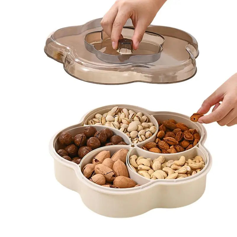 Dried Fruit Plate Flower Petal Shaped Divided Snack Organizer 5 Compartments Snacks Storage Tray With Lid For Home Wedding