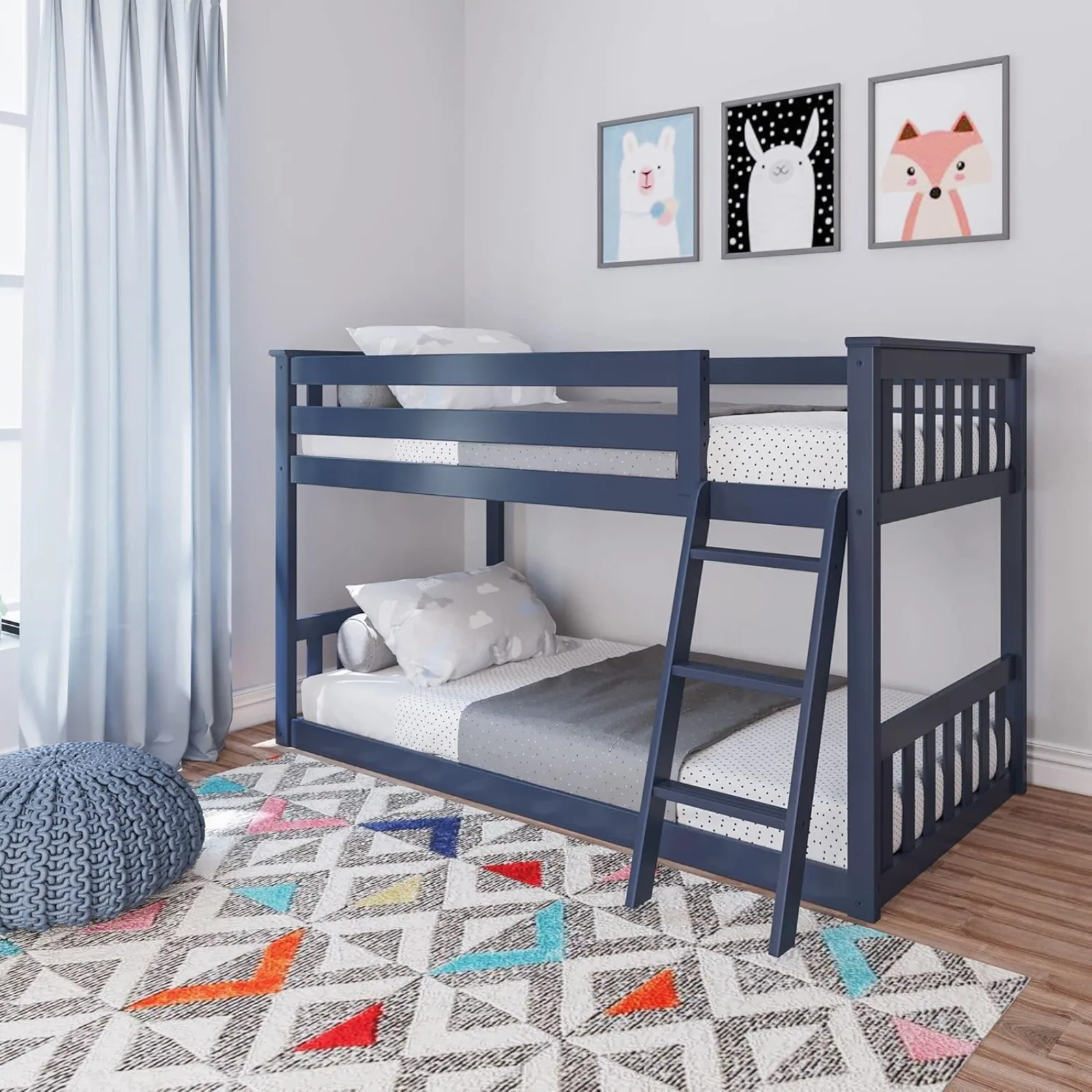 US Twin Over Twin Low Bunk Bed with Ladder, Wooden Bunk beds with 14” Safety Guardrail for Kids,Toddlers, Boys, Girls, Teens