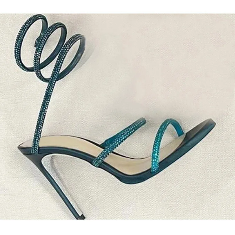 

Ink green blue Rhinestone snake-like Strap twined Sandals 8/10 cm High heels Woman Summer Cutout Crystal Wedding Shoes