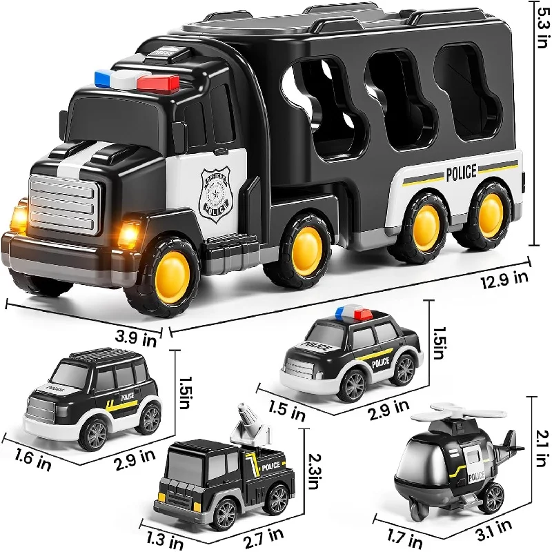 Ensemble de jouets de véhicule d'ingénierie de voiture de police équipé de musique LED avec 3 petites voitures 1 hélicoptère cadeau de puzzle sensoriel d'anniversaire pour enfants