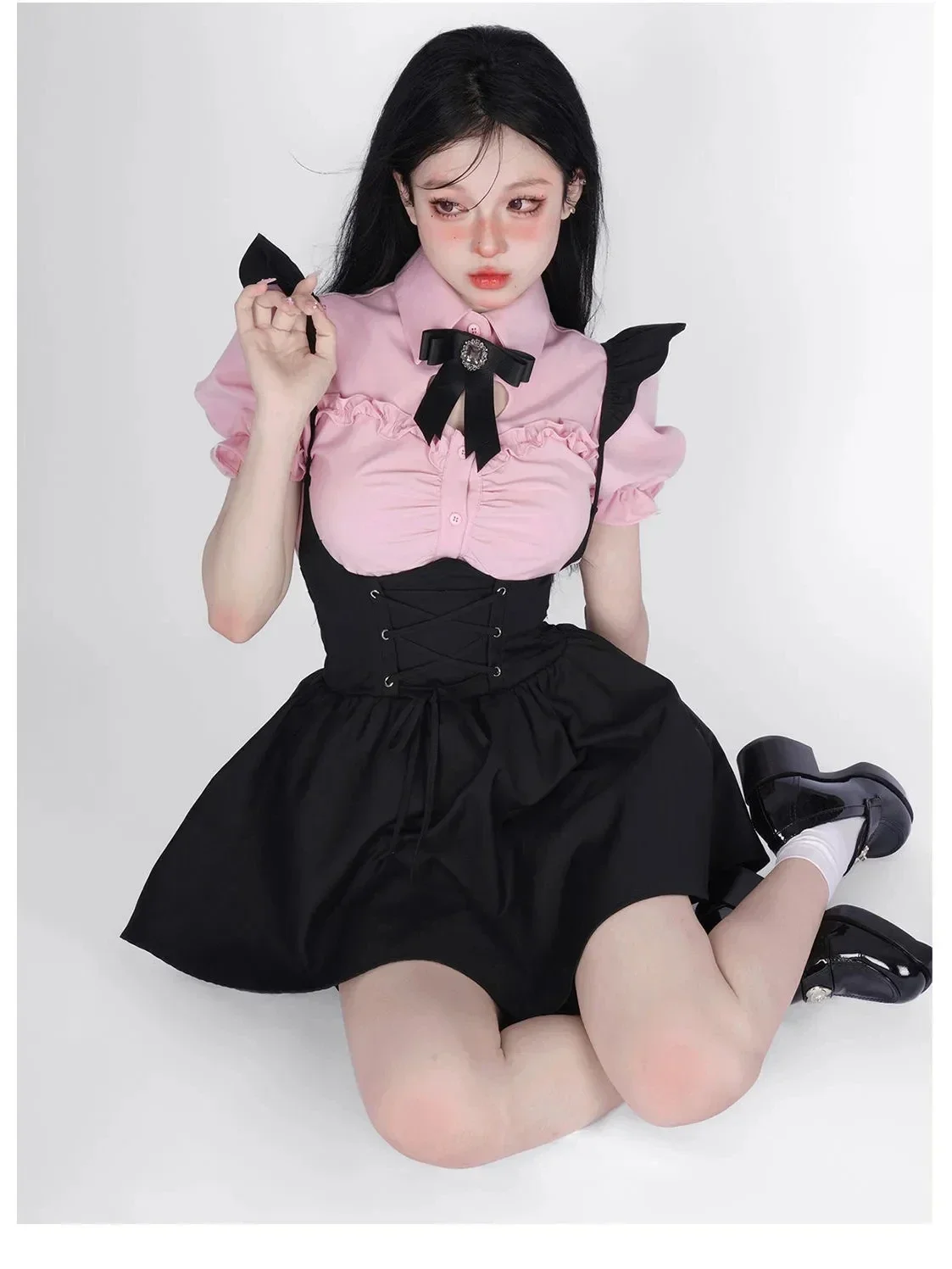 Japanese Strap Skirt Set Lovely Fly Sleeved Shirt with Bow Tie Bandage Black Mini Skirts 2 Piece Sets Babes Kawaii Y2k Outifits