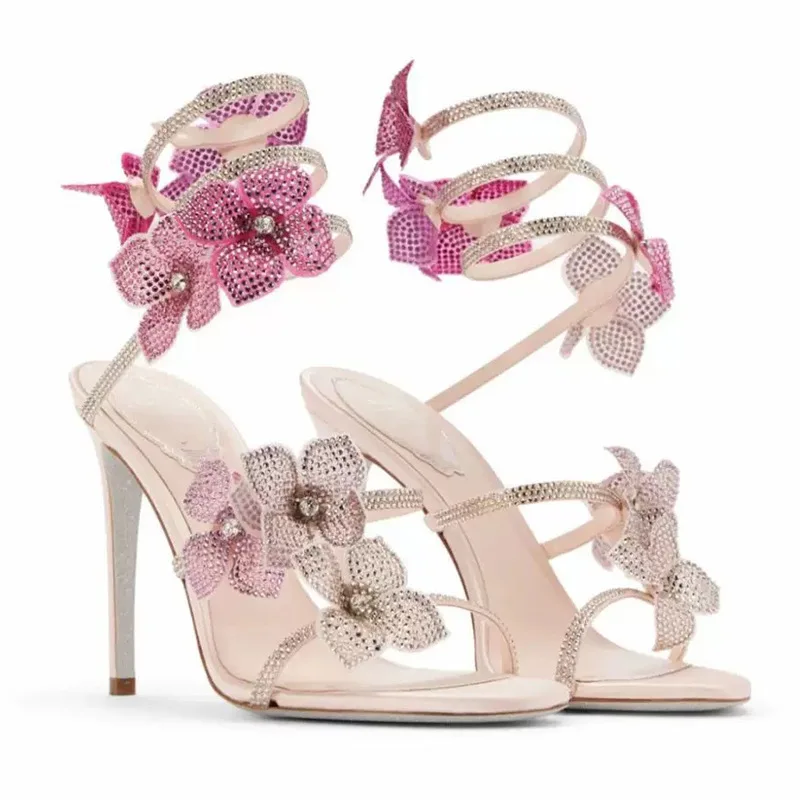 Rhinestone Flowers Snake Wrap High Heel Sandals Round Head Open-toed Stiletto Roman Sandals