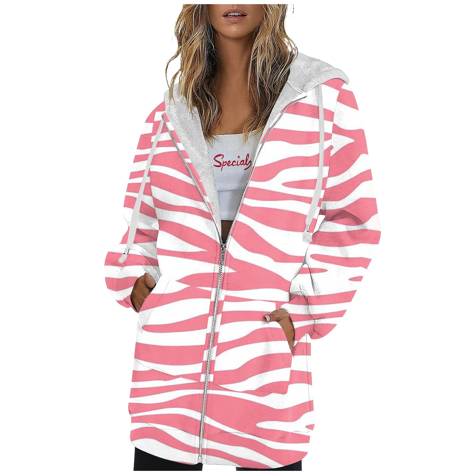 女性用長袖スポーツパーカー、ポケット付きカジュアルストライププリントトップス、ジッパーパーカー、秋冬ファッション