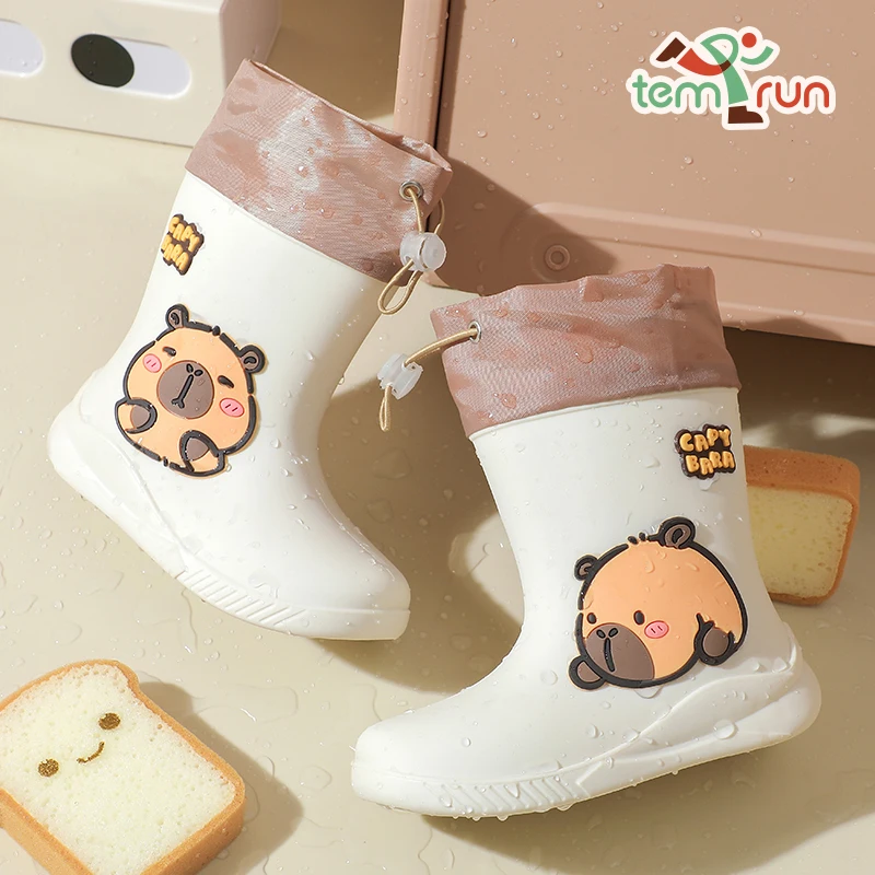 Children's Rain Boots Cartoon Capybara Pattern Rubber Rain Shoes For Girls Boys Anti-Slip Elastic Band For Students
