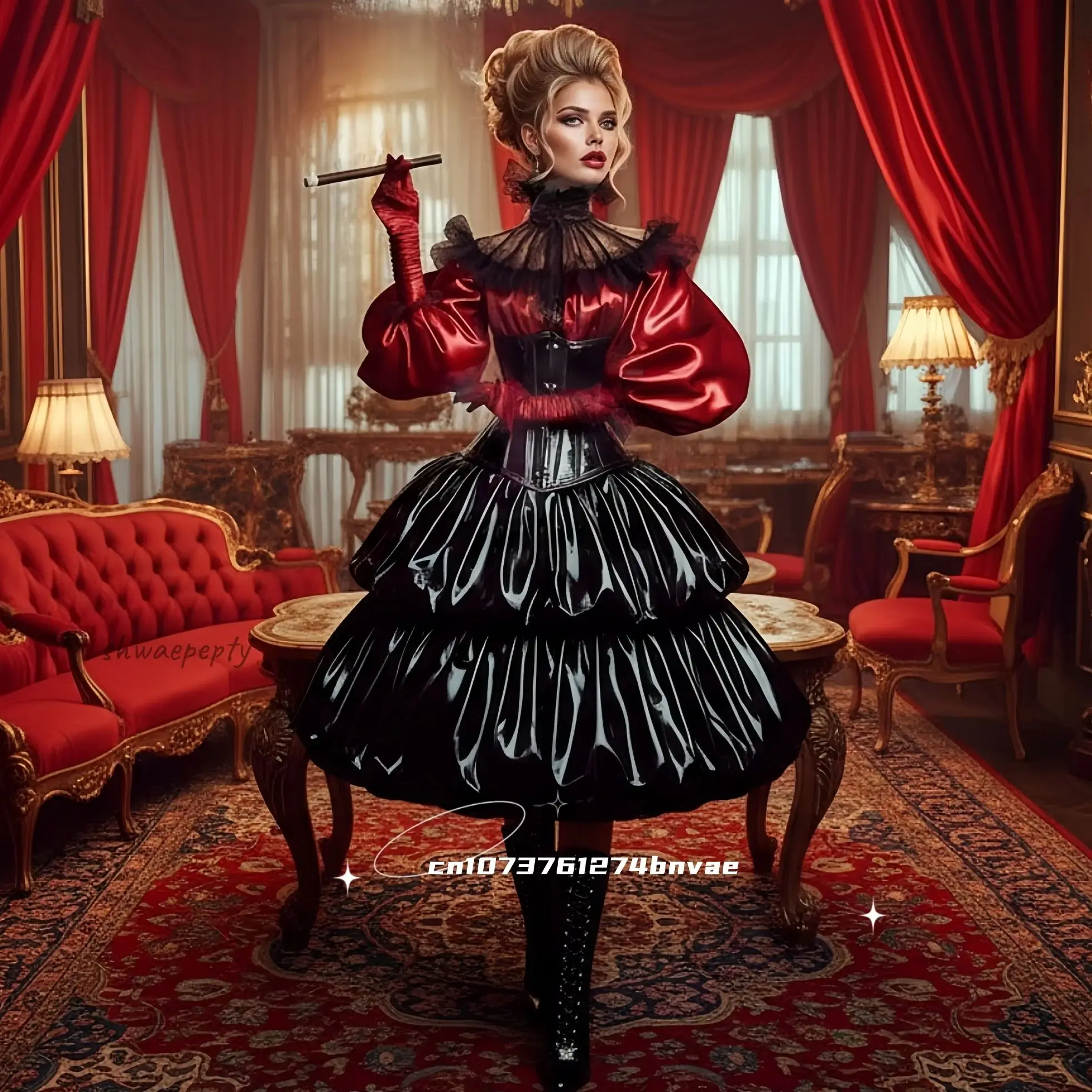 Gothic Steampunk Ballkleid in Schwarz und Rot, knielang, Korsett-Ballkleid, glänzendes Cosplay-Party-Kostüm, Puffärmel, maßgeschneidert