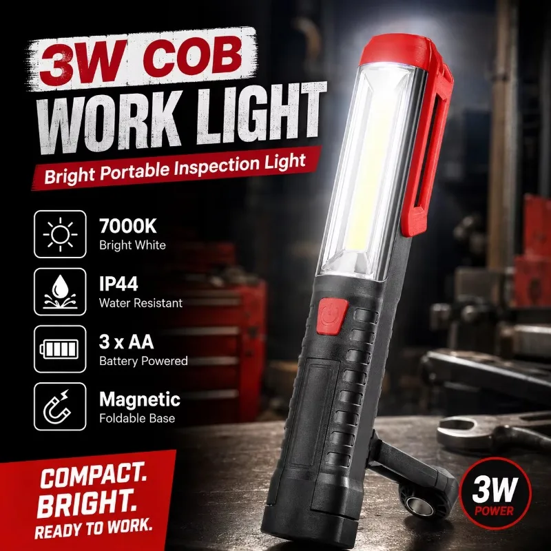 Lampada da lavoro a LED COB W2110, 3W, impermeabile IP44, torcia portatile con gancio magnetico, alimentata a batteria AA, lampada di ispezione per la riparazione di auto.