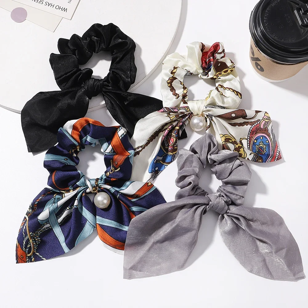 4Pcs/Lot Women Girls Chiffon Bowknot Silk Hair Scrunchies Set Pearl Ponytail Headband Hair Rope Headband Girls Hair Accessories